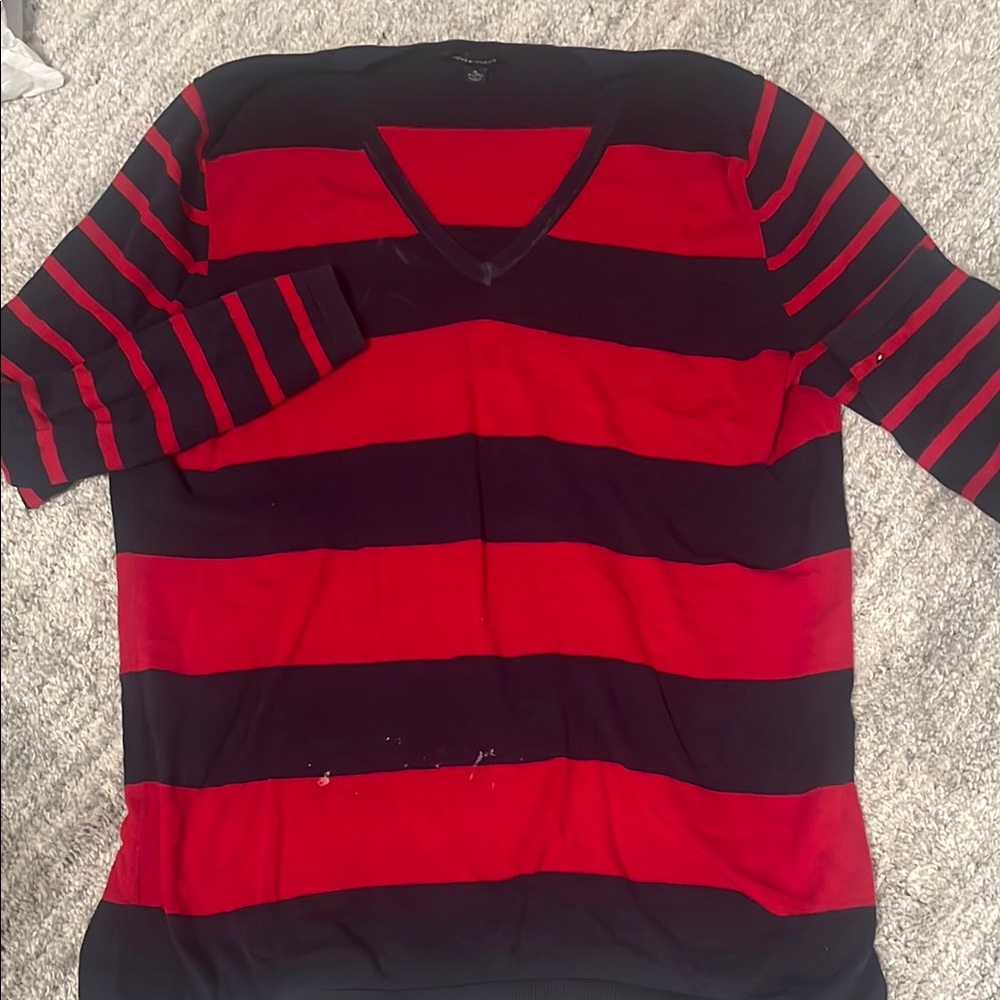 Red and Black Striped V-Neck Sweater